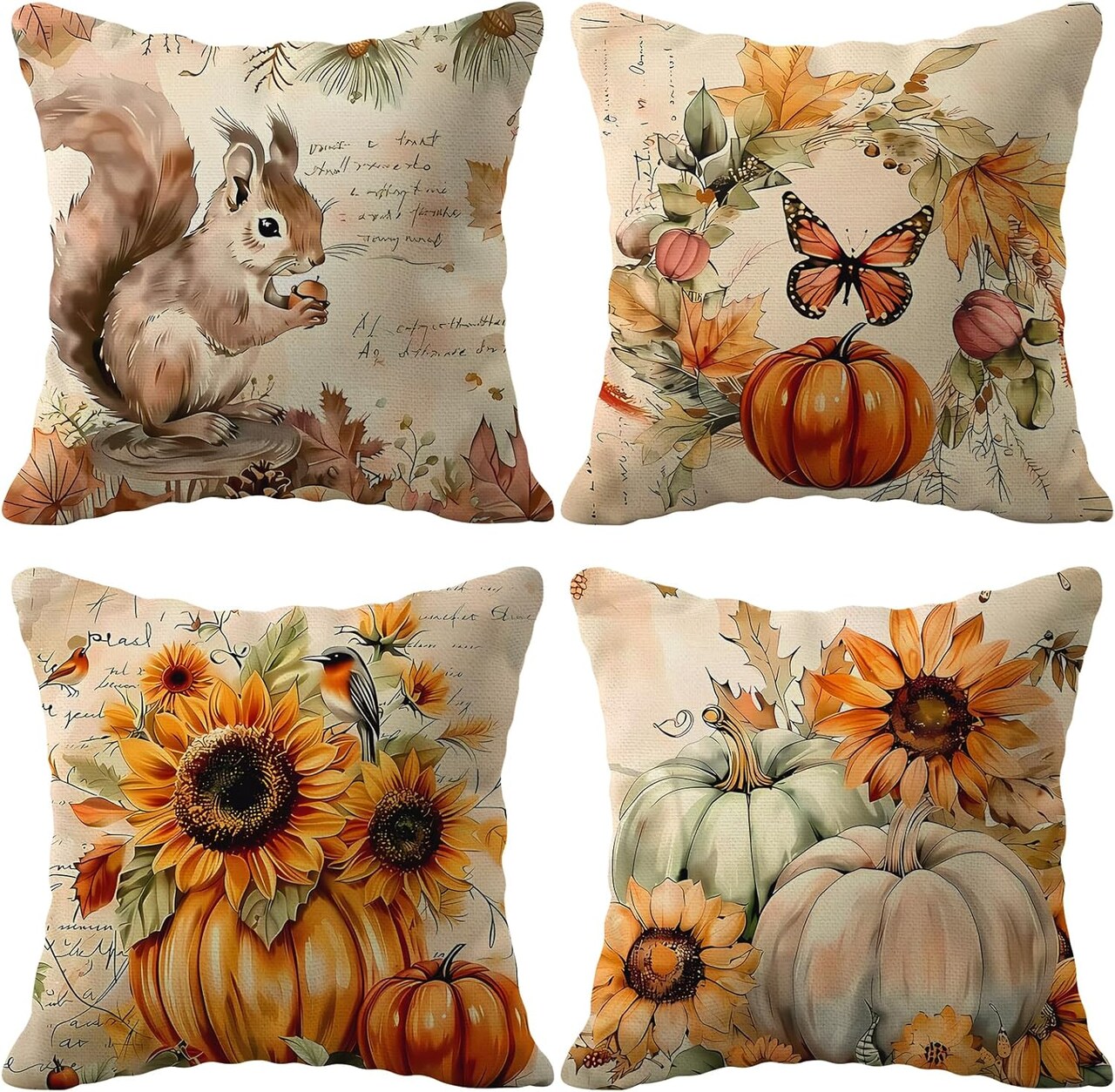 Fall Pillow Covers 18x18 Inch Set of 4 Pumpkin Sunflower Autumn Harvest Throw Pillow Cases Squirrel Decorative Thanksgiving Day Cushion Case for Couch Sofa Outdoor Home Decor